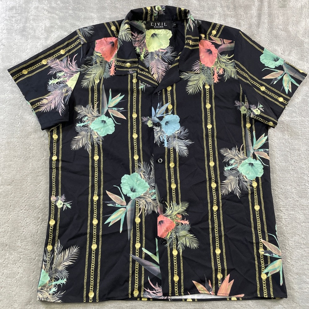 Civil Regime Shirt Mens Small Black Floral Gold Punk Grunge Button Short Sleeve